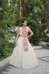Trendy White Cotton With Kutchi Gamthi Work Lehenga Choli