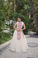 Trendy White Cotton With Kutchi Gamthi Work Lehenga Choli