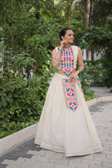 Trendy White Cotton With Kutchi Gamthi Work Lehenga Choli