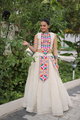 Trendy White Cotton With Kutchi Gamthi Work Lehenga Choli