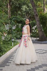Trendy White Cotton With Kutchi Gamthi Work Lehenga Choli