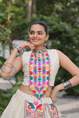 Trendy White Cotton With Kutchi Gamthi Work Lehenga Choli