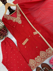 Trendy Red Georgette Sequence Work Palazzo Suit
