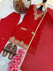 Trendy Red Georgette Sequence Work Palazzo Suit