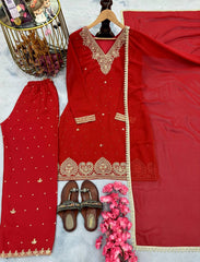 Trendy Red Georgette Sequence Work Palazzo Suit