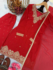 Trendy Red Georgette Sequence Work Palazzo Suit