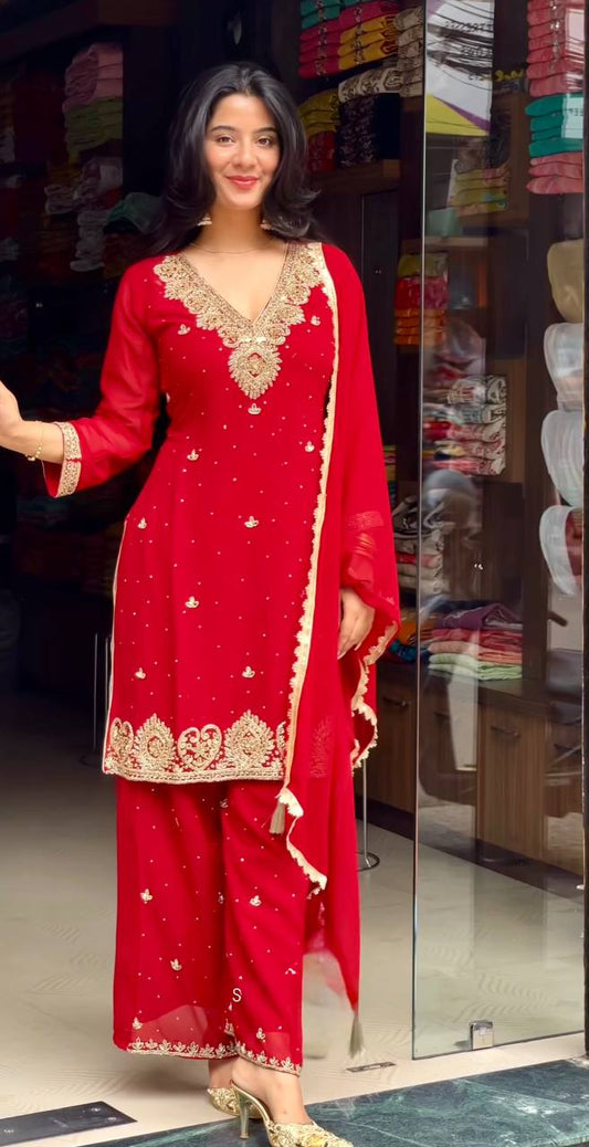 Trendy Red Georgette Sequence Work Palazzo Suit