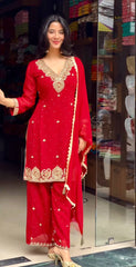 Trendy Red Georgette Sequence Work Palazzo Suit