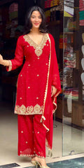 Trendy Red Georgette Sequence Work Palazzo Suit