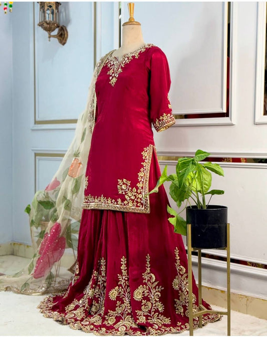 Designer Red Cinon Silk Sequence Work Sharara Suit