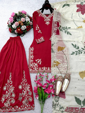 Designer Red Cinon Silk Sequence Work Sharara Suit
