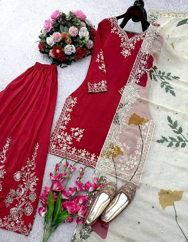Designer Red Cinon Silk Sequence Work Sharara Suit
