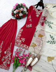 Designer Red Cinon Silk Sequence Work Sharara Suit