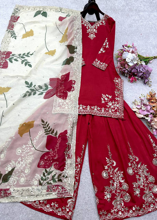 Designer Red Cinon Silk Sequence Work Sharara Suit