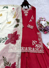 Designer Red Cinon Silk Sequence Work Sharara Suit