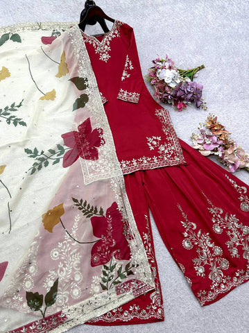 Designer Red Cinon Silk Sequence Work Sharara Suit