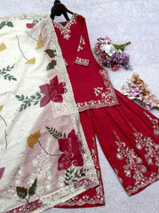 Designer Red Cinon Silk Sequence Work Sharara Suit