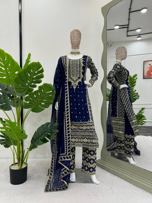 Alluring Blue Color Georgette Thread Work Palazzo Suit