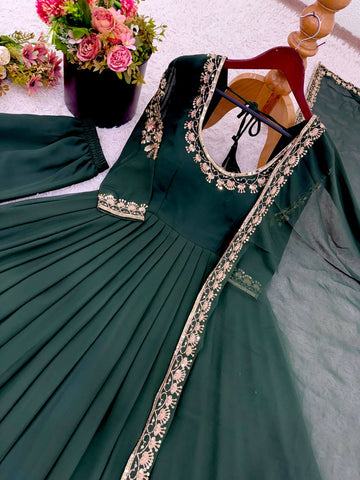 Adorable Green Georgette Embroidery Work Gown