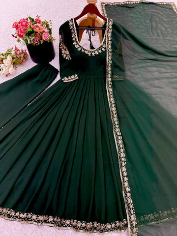 Adorable Green Georgette Embroidery Work Gown