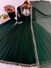 Adorable Green Georgette Embroidery Work Gown