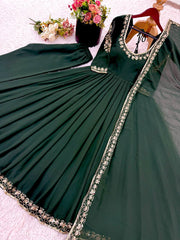 Adorable Green Georgette Embroidery Work Gown