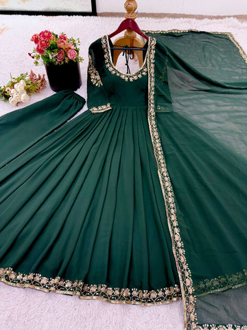 Adorable Green Georgette Embroidery Work Gown