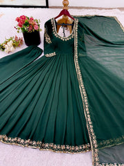 Adorable Green Georgette Embroidery Work Gown