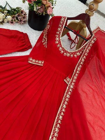 Adorable Green Georgette Embroidery Work Gown