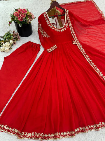 Adorable Green Georgette Embroidery Work Gown