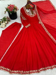 Adorable Green Georgette Embroidery Work Gown