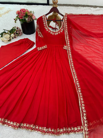 Adorable Green Georgette Embroidery Work Gown