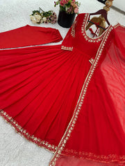 Adorable Green Georgette Embroidery Work Gown