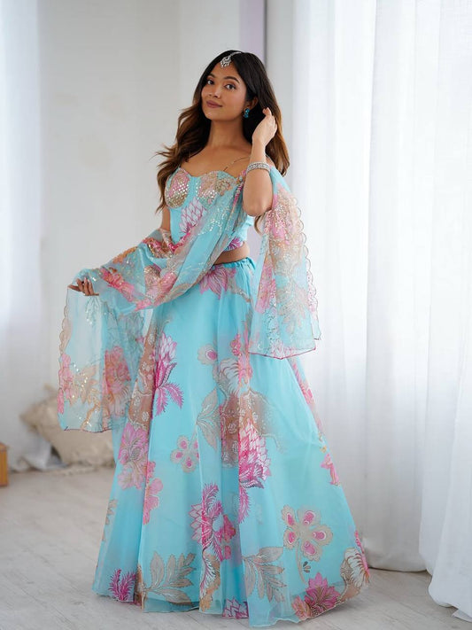 Attractive Blue Organza Digital Printed Lehenga