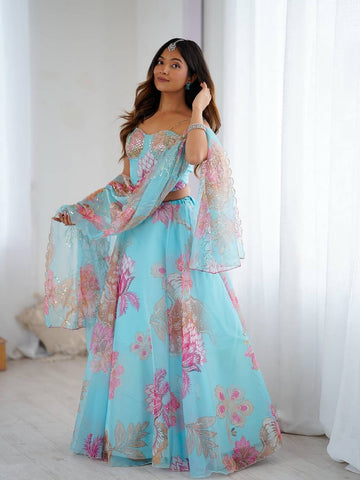 Attractive Blue Organza Digital Printed Lehenga