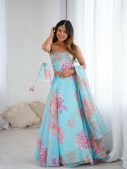 Attractive Blue Organza Digital Printed Lehenga