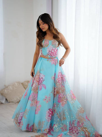 Attractive Blue Organza Digital Printed Lehenga