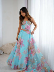 Attractive Blue Organza Digital Printed Lehenga