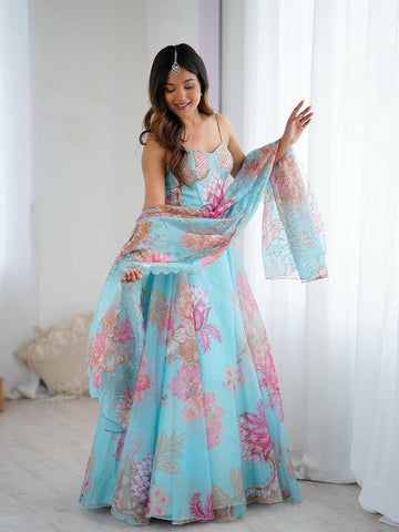 Attractive Blue Organza Digital Printed Lehenga