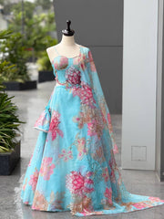 Attractive Blue Organza Digital Printed Lehenga