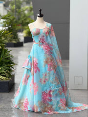 Attractive Blue Organza Digital Printed Lehenga