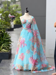 Attractive Blue Organza Digital Printed Lehenga