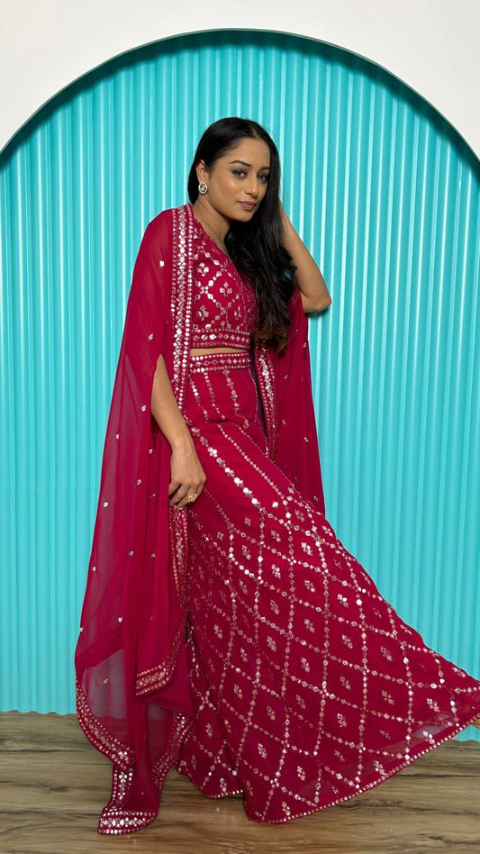 Glorious Red Georgette Mirror Work Palazzo Suit