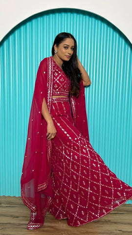 Glorious Red Georgette Mirror Work Palazzo Suit