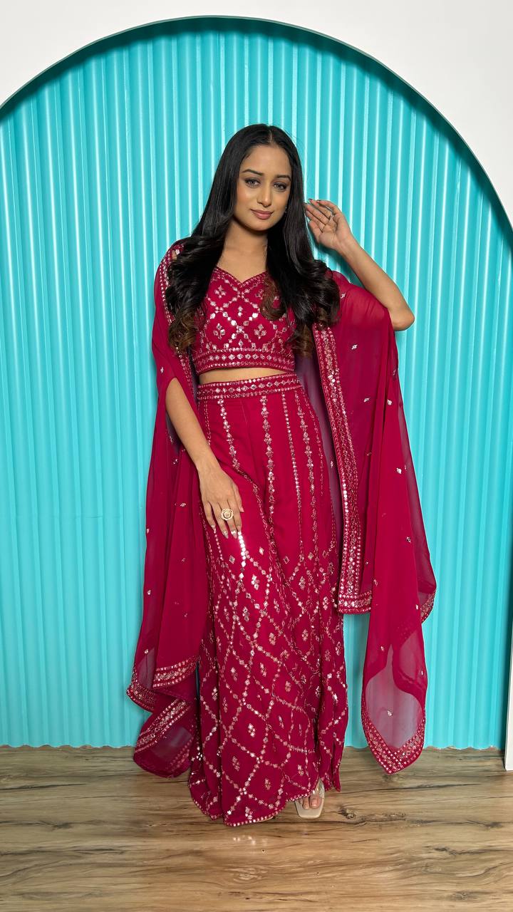 Glorious Red Georgette Mirror Work Palazzo Suit