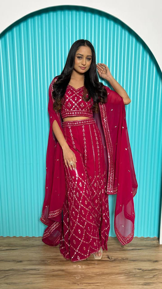 Glorious Red Georgette Mirror Work Palazzo Suit