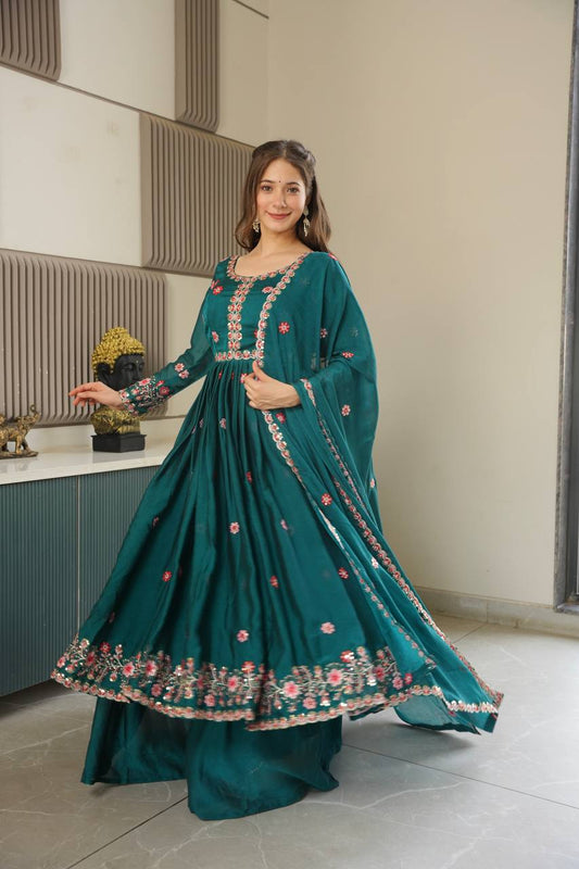 Designer Green Silk Embroidery Work Sharara Suit