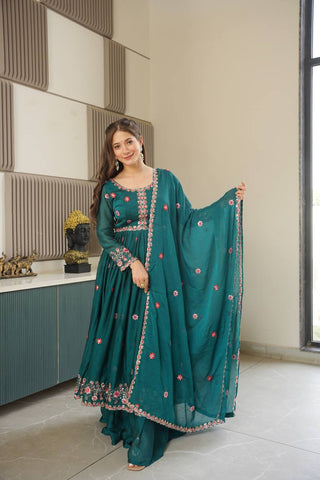 Designer Green Silk Embroidery Work Sharara Suit