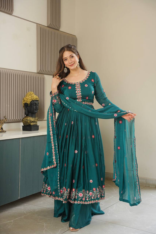 Designer Green Silk Embroidery Work Sharara Suit