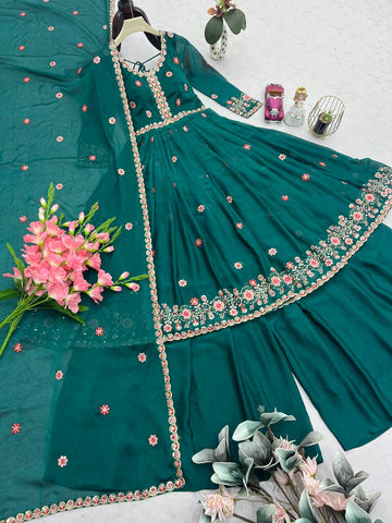 Designer Green Silk Embroidery Work Sharara Suit